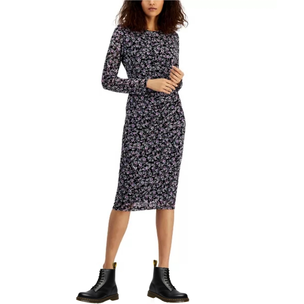NWT Nine West Women's Floral-Print Ruched Mesh Midi Dress Size 16 Goth 90s Y2K